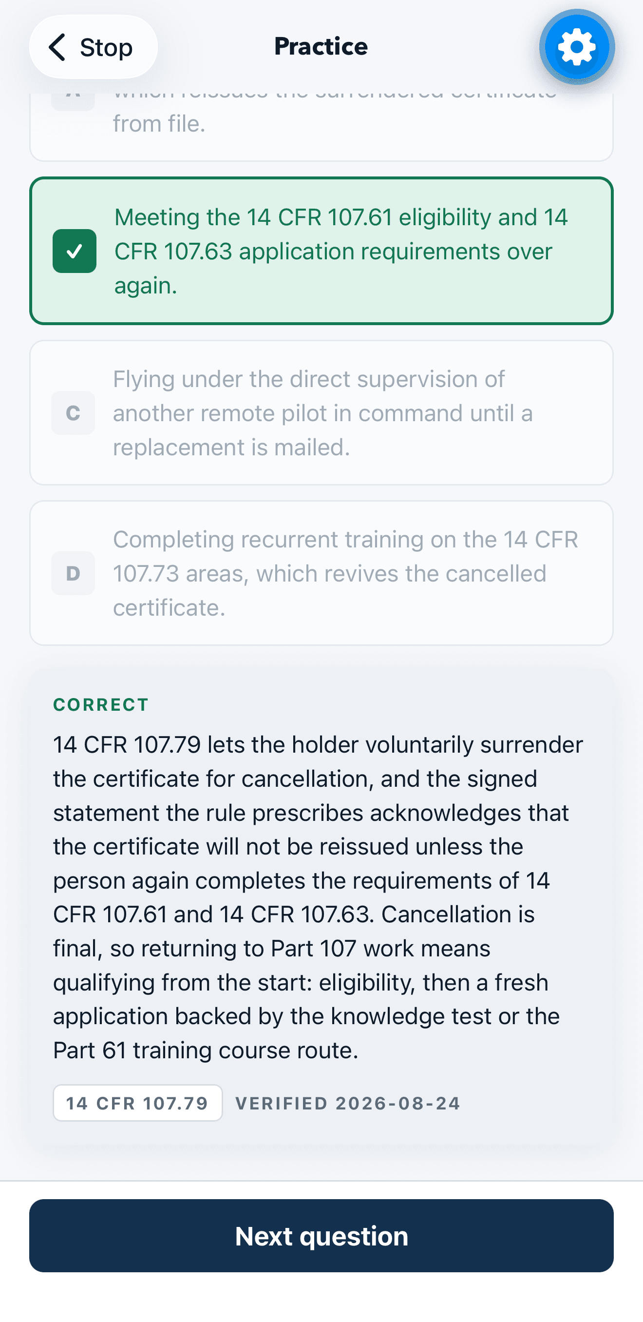 A Part 107 question answered, with the explanation citing 14 CFR 107.79 and a chip reading VERIFIED 2026-08-24