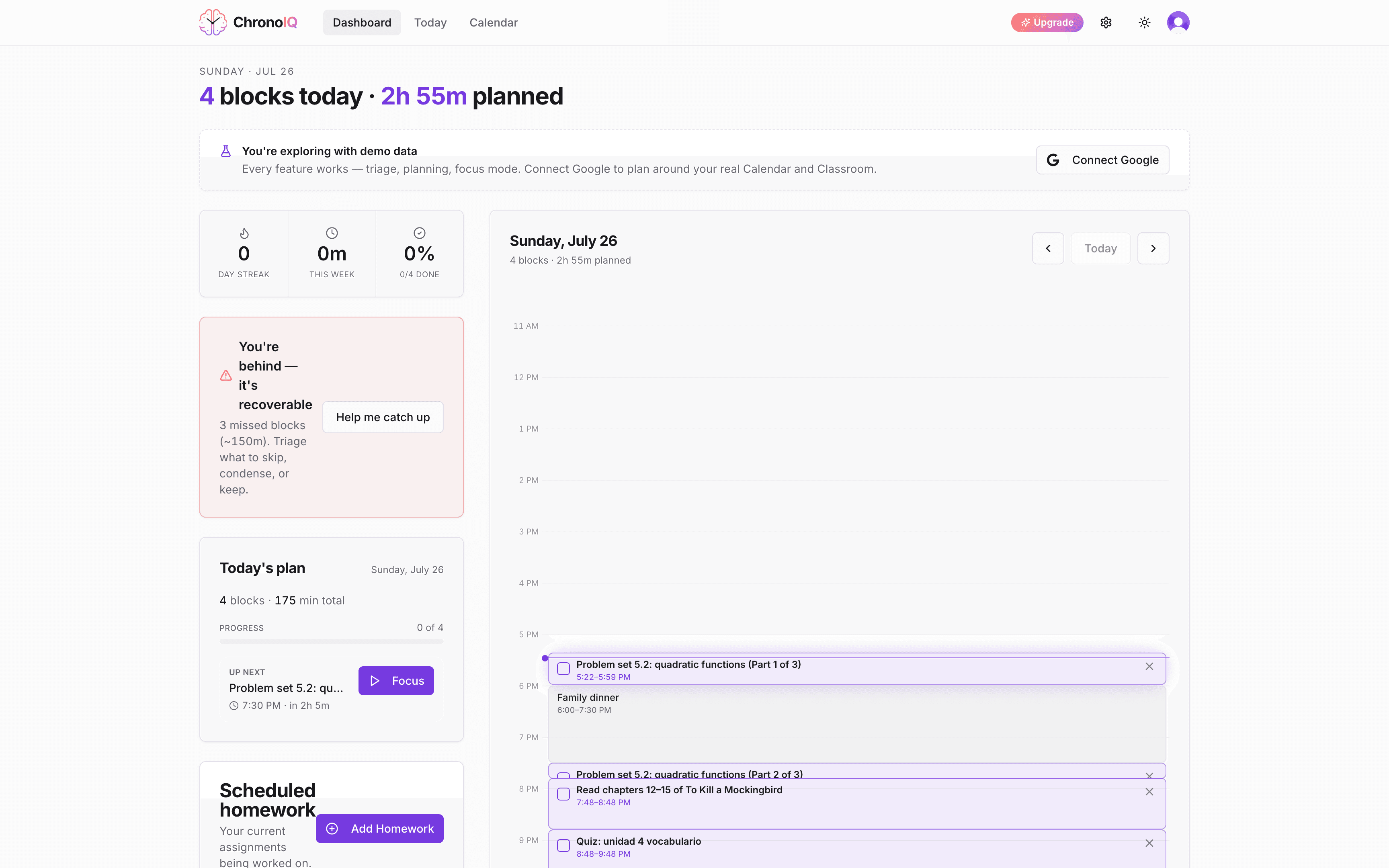 The ChronoIQ dashboard: a week of scheduled study blocks around real calendar events