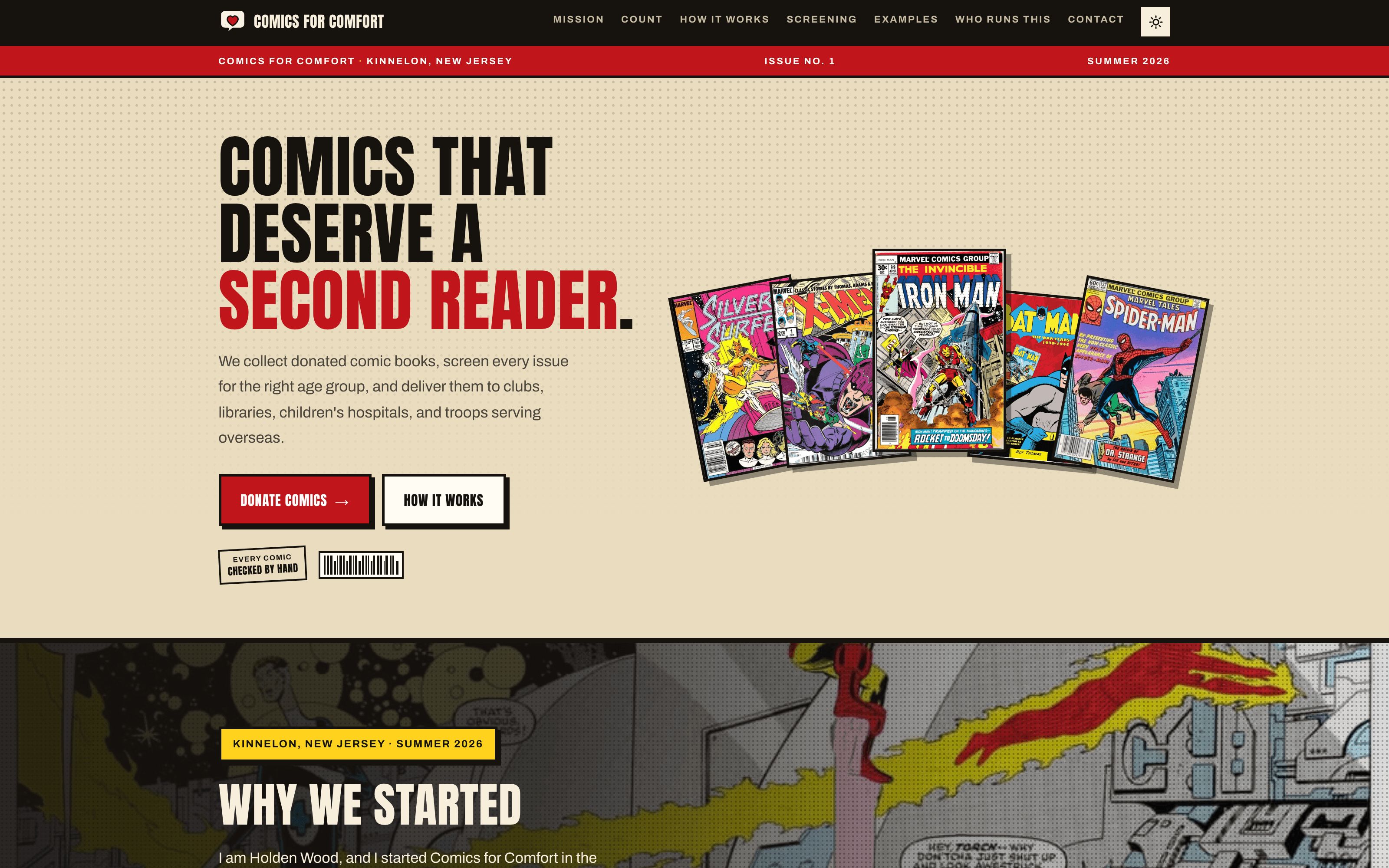 The Comics for Comfort homepage: “Comics that deserve a second reader” beside a fan of real comic covers