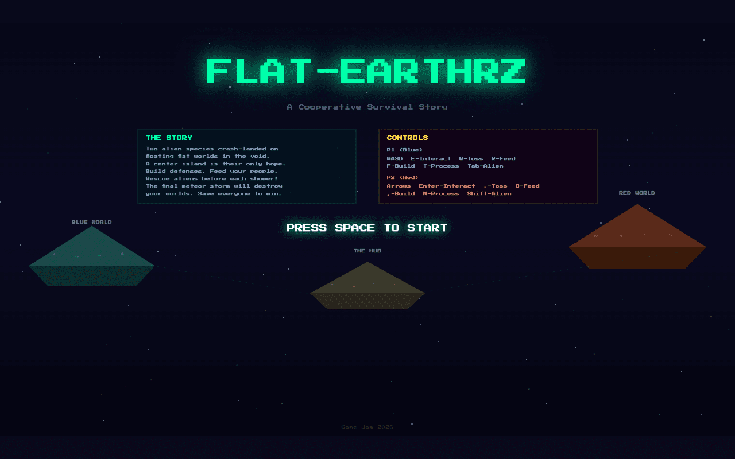 FLAT-EARTHRZ: two alien species on floating flat worlds in the void, with the story and both players’ controls