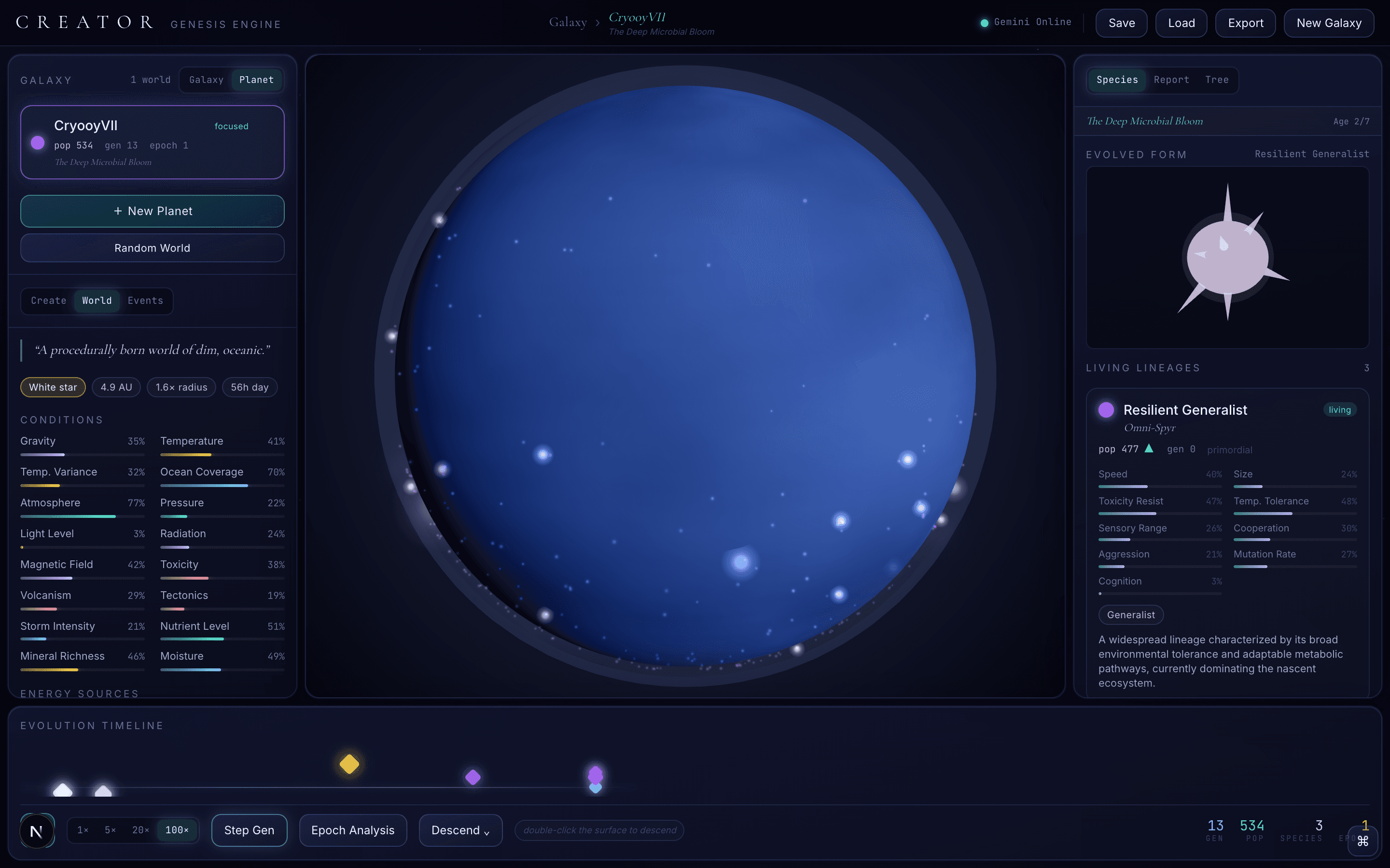 The Genesis Engine: an ocean world with 534 organisms across three evolved lineages, and an evolution timeline beneath it