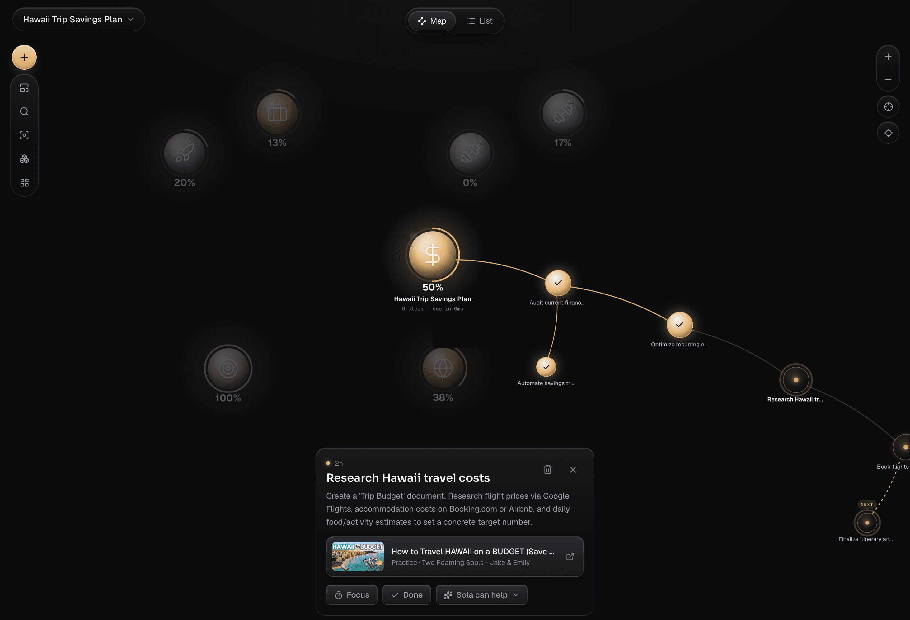 The Solaspace living goal map: connected goal nodes on a dark canvas