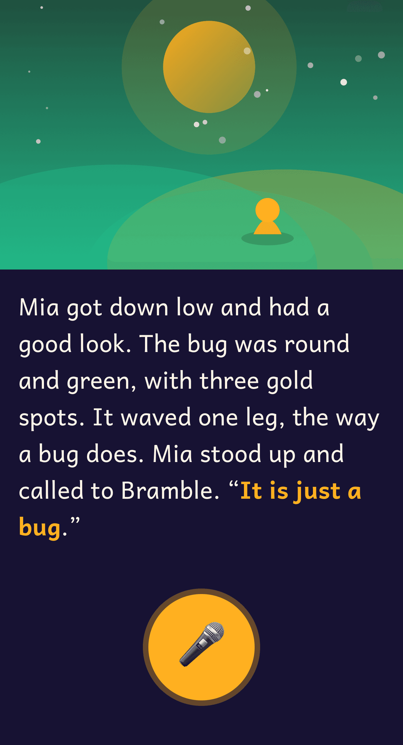 StoryHero’s Read-to-Unlock: the next sentence is locked in gold with a microphone button beneath it, so the page only turns when the child reads it aloud
