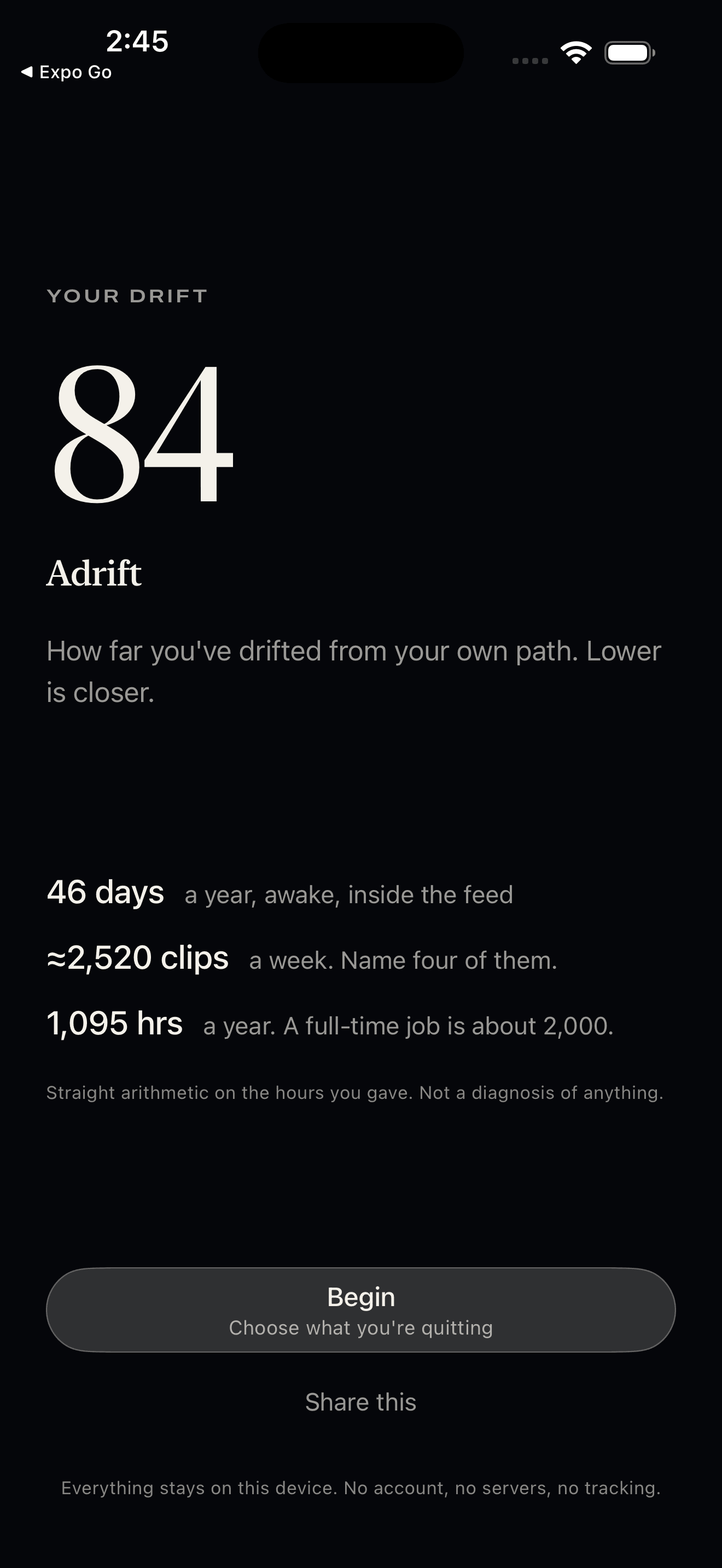 Zanshin’s reading: a drift score of 84, with the arithmetic underneath — 46 days a year awake inside the feed, about 2,520 clips a week, 1,095 hours a year