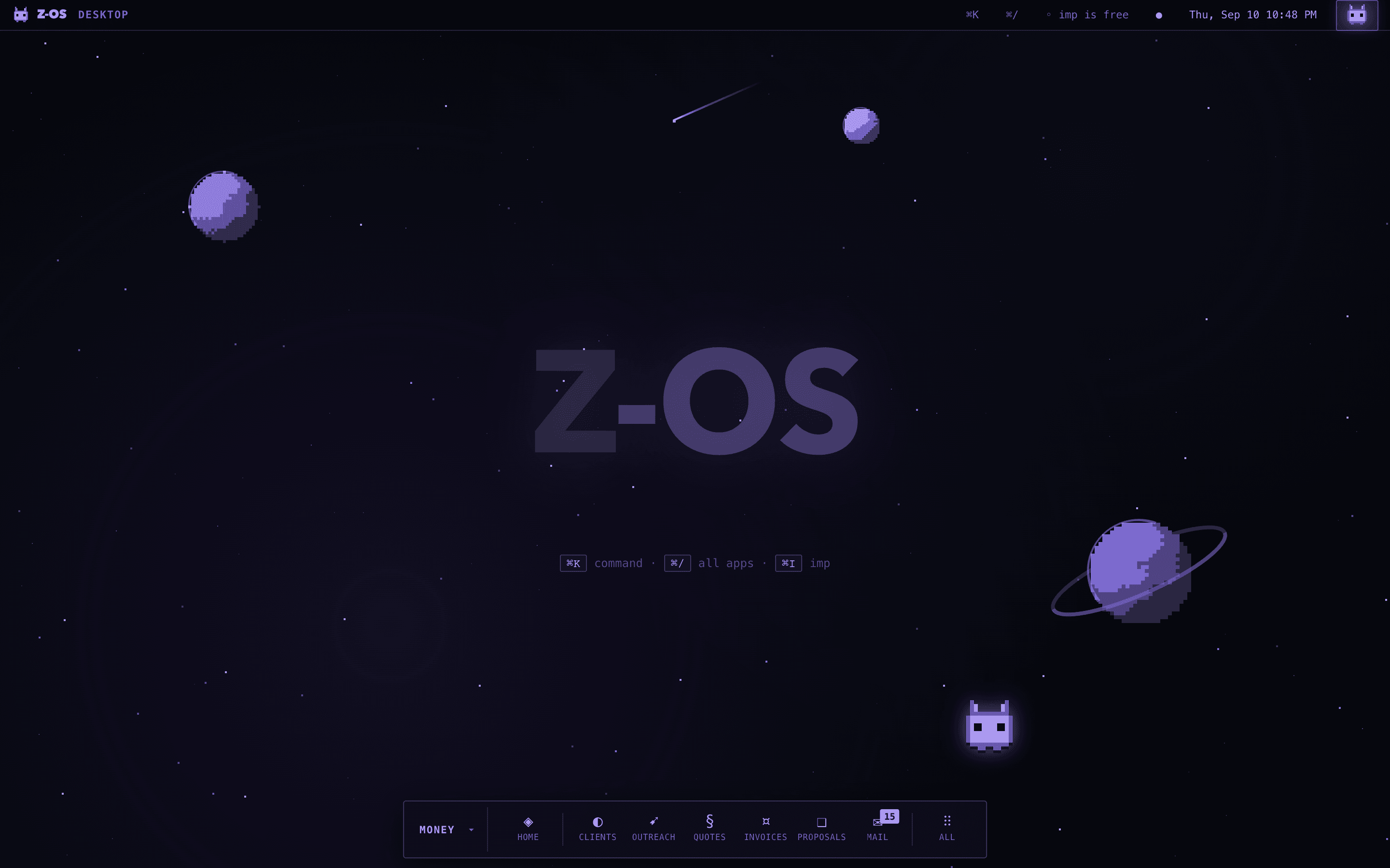 The Z-OS desktop: pixel-art planets in space, a dock of business apps, and the imp floating